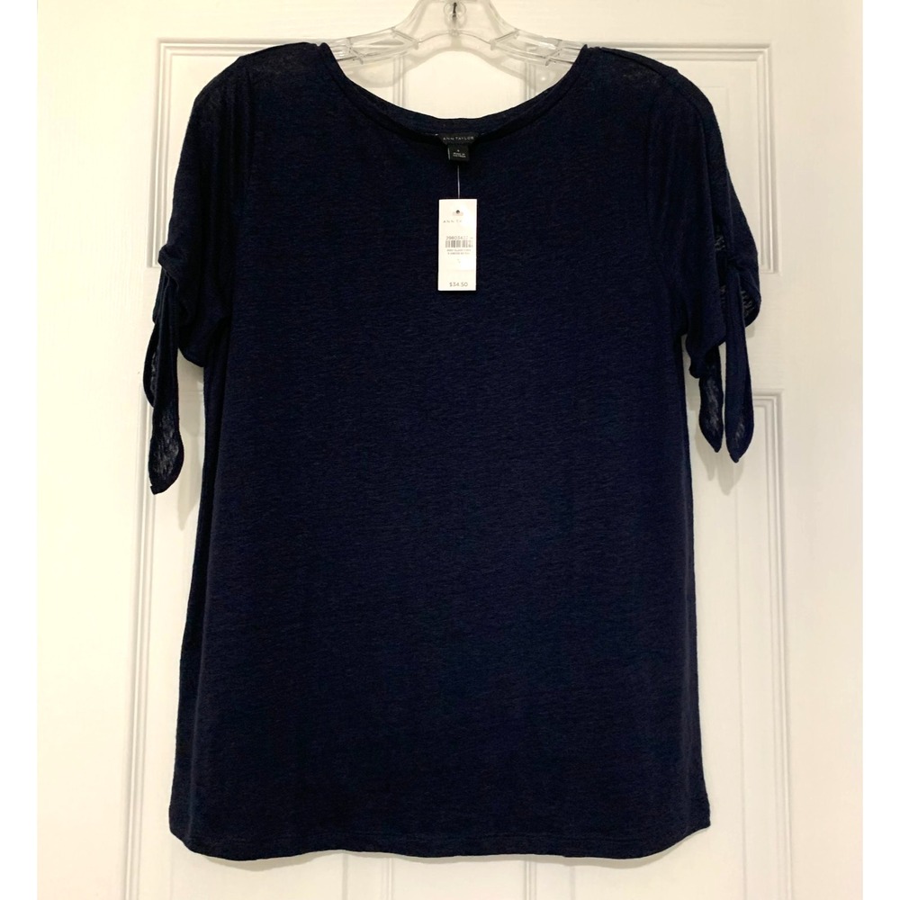 NWT Ann Taylor Navy Linen Drapey Tie Sleeve T-shirt Tee Top Small 2 4 6 Blue